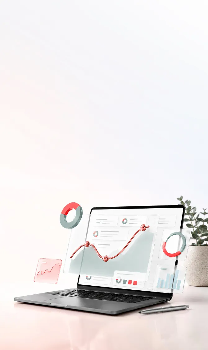 Laptop on desk with virtual 3D financial charts, graphs, and data analytics hovering above screen.