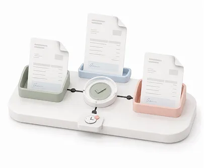 White document sorter with three color-coded trays and a clock in the center.