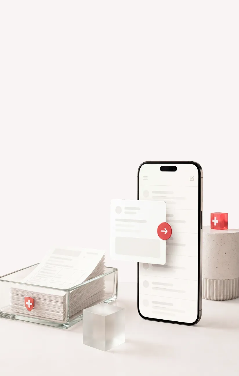 Smartphone with a digital document and paper files in a glass tray with red Swiss cross icons nearby.