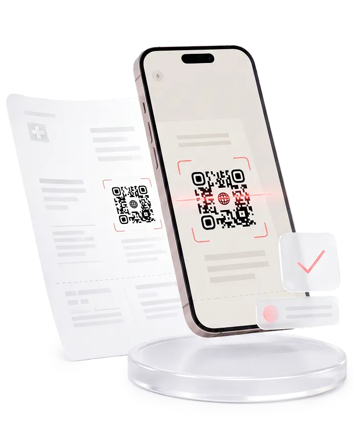Smartphone scanning a QR code from a paper document with a confirmation checkmark.