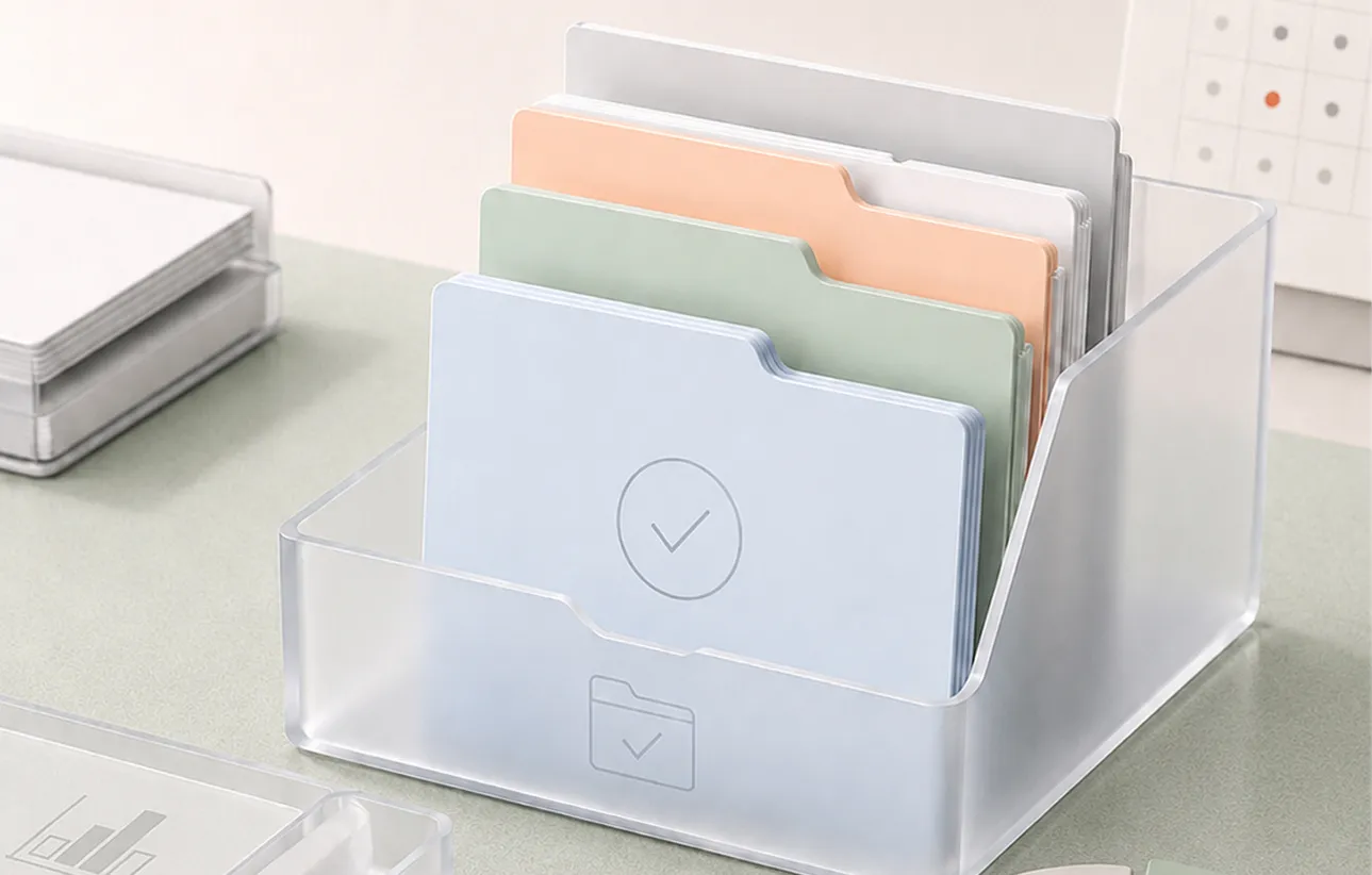 Clear organizer holding blue, green, peach, and white file folders on a desk.