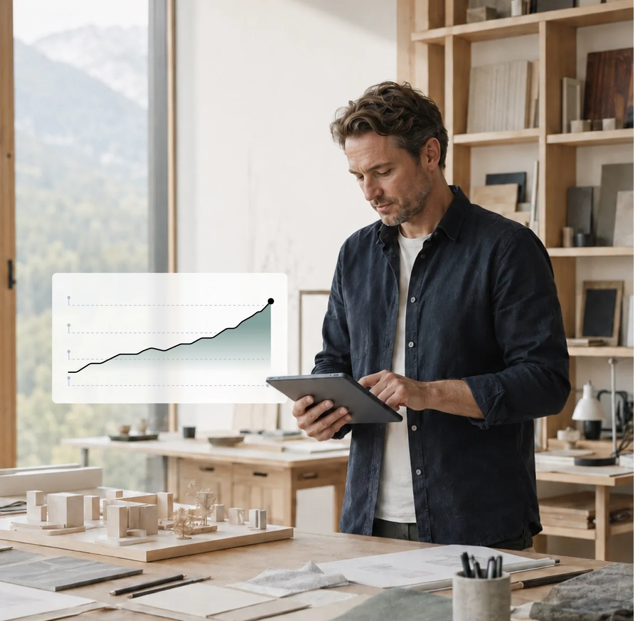 Man in a dark shirt working on a tablet in a light-filled office with architectural models and drawings on the table, alongside a floating graphic of a rising line chart.