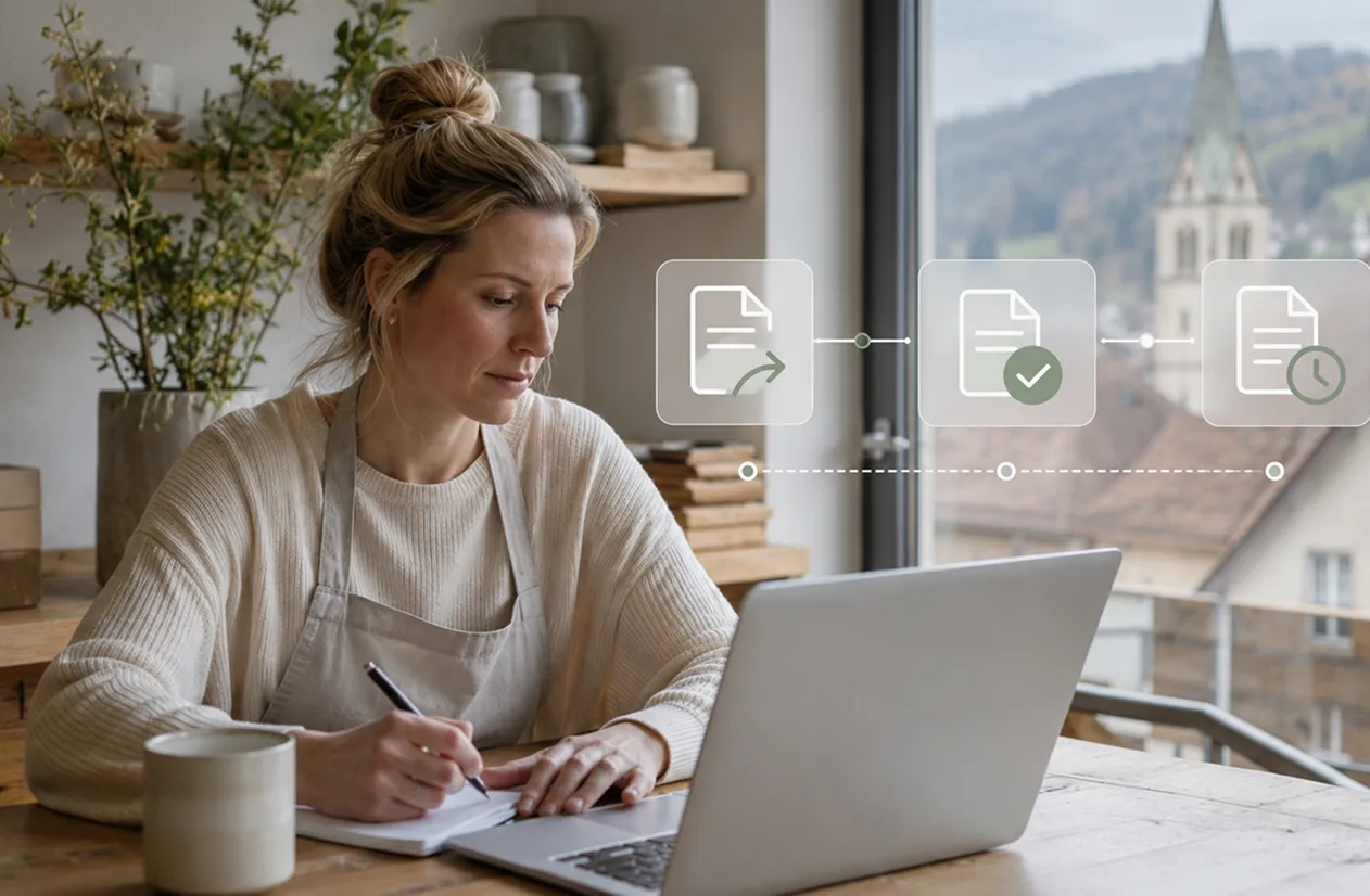 A woman wearing an apron sits at a wooden table by a window with a view of buildings and a church steeple, writing in a notebook while looking at her open laptop, with a coffee mug on the table and icons representing document processing floating near the window.