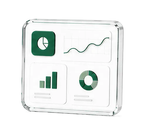 3D icon showing a dashboard with four sections: a pie chart in a green square, a line graph, a vertical bar chart, and a segmented circular chart, all in shades of green and gray.