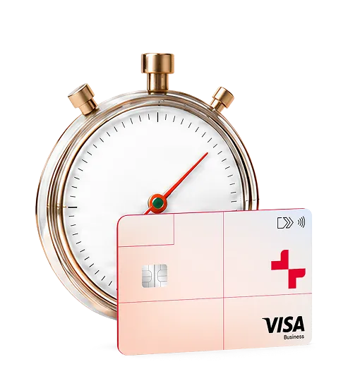 A gold stopwatch with a white dial and red second hand next to a white and red Visa Business credit card featuring a chip and contactless payment symbol.