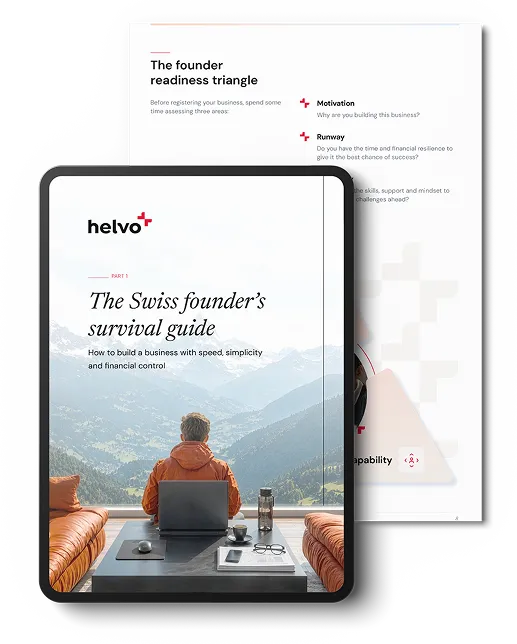 Digital tablet displaying a guide titled 'The Swiss founder's survival guide' with subtitle 'How to build a business with speed, simplicity and financial control,' showing a person in an orange jacket sitting at a table overlooking a mountainous landscape; a blurred background page titled 'The founder readiness triangle' listing motivation, runway, and capability questions.
