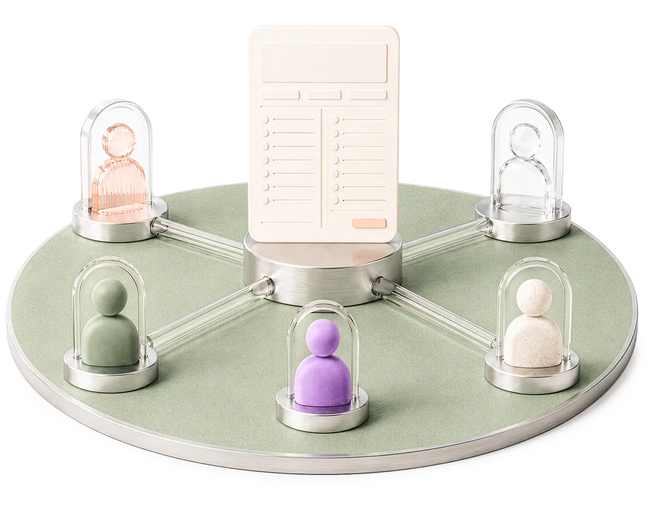 Diagram showing a circular platform with a central element connected by rods to five different colored human-shaped figurines under glass domes, symbolizing connected or networked individuals.