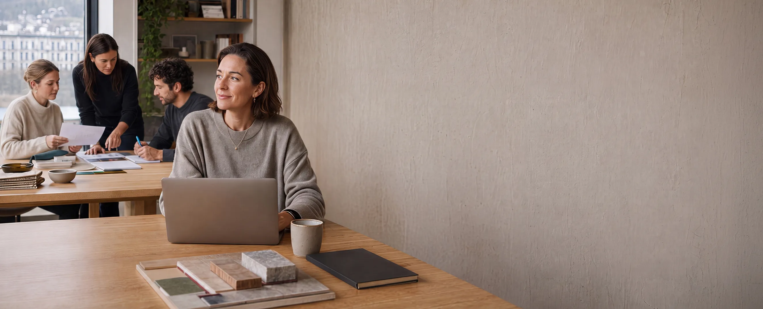 A woman sitting at a wooden table with a laptop and coffee cup looks thoughtfully away, while three colleagues discuss documents and a notebook at another table by a window in a modern office.