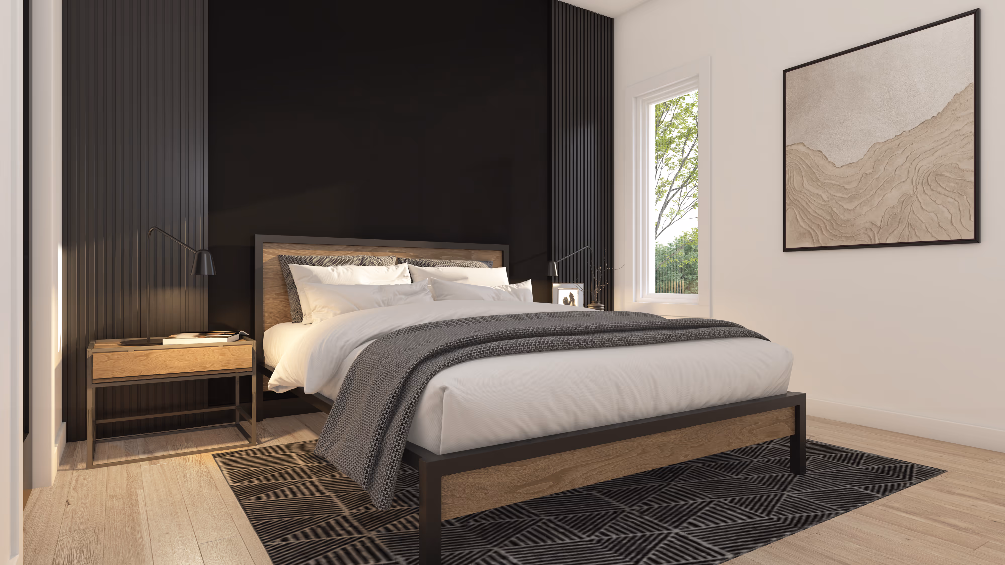 Chambre moderne avec lit double, couverture grise, murs noir et blanc, table de chevet en bois et grande fenêtre.