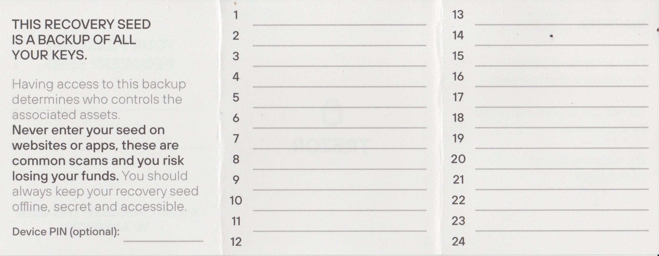 Trezor seed phrase backup card