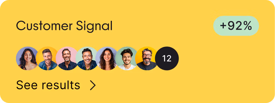 Customer Signal indicator with seven smiling profile pictures, a label showing +92%, and a black circle with the number 12 on a yellow background.