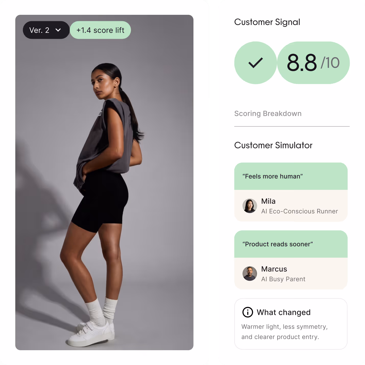 Side view of a woman in athletic wear holding a smartphone in the pocket of her black shorts, with a customer signal score of 8.8 out of 10 displayed.