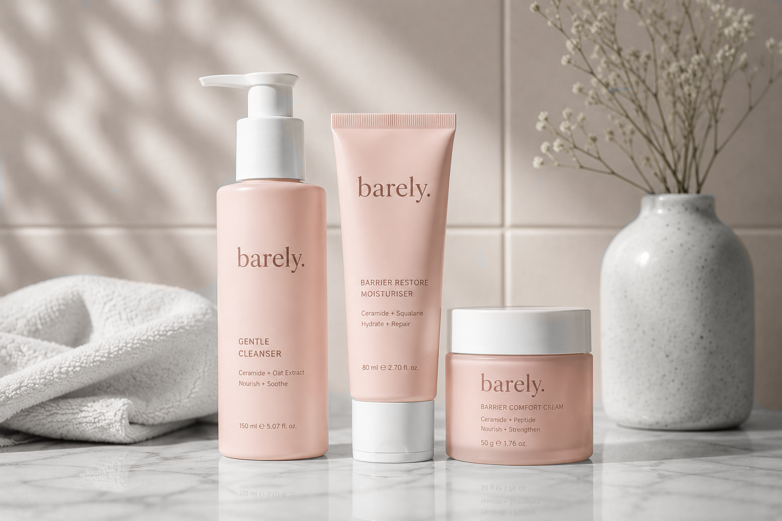 Barely skincare products arranged against a pink tiled backdrop