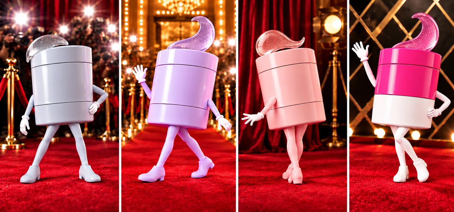 Four near-identical unbranded jars on a red carpet