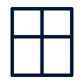 Symbol eines aufgeteilten Fensters mit vier gleich großen rechteckigen Paneelen.
