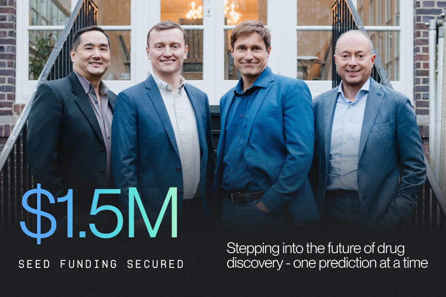 DeepCyte announcement graphic featuring the team with overlay '$1.5M Seed Funding Secured — Stepping into the future of drug discovery, one prediction at a time'