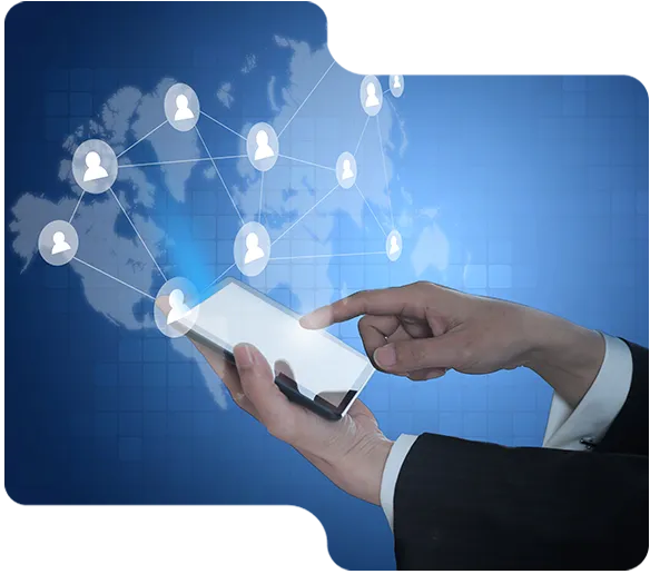 Hands holding a smartphone with connected user icons over a world map in the background.
