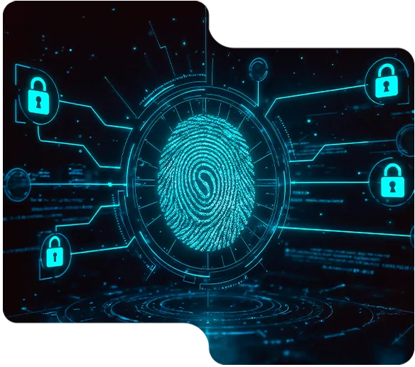 Glowing blue digital fingerprint surrounded by lock icons symbolizing cybersecurity and data protection.