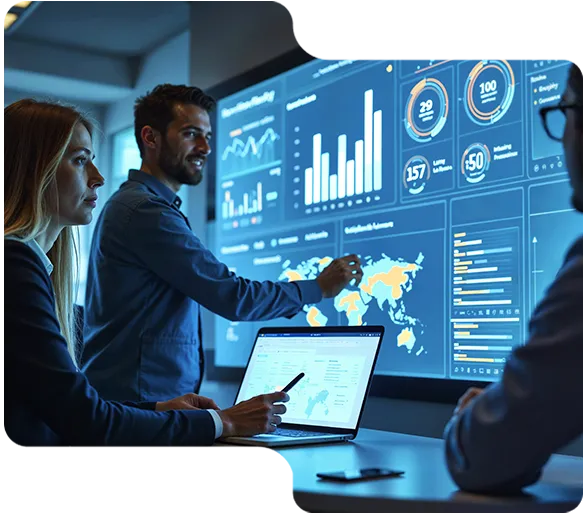 Three professionals analyze data on a large screen showing graphs and a world map in a meeting room.