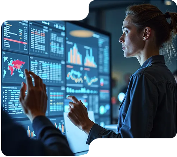 Woman analyzing financial data and charts on a large digital screen in an office setting.