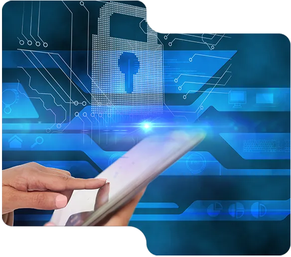 Hand interacting with a tablet device with a digital lock icon and circuit patterns symbolizing cybersecurity.