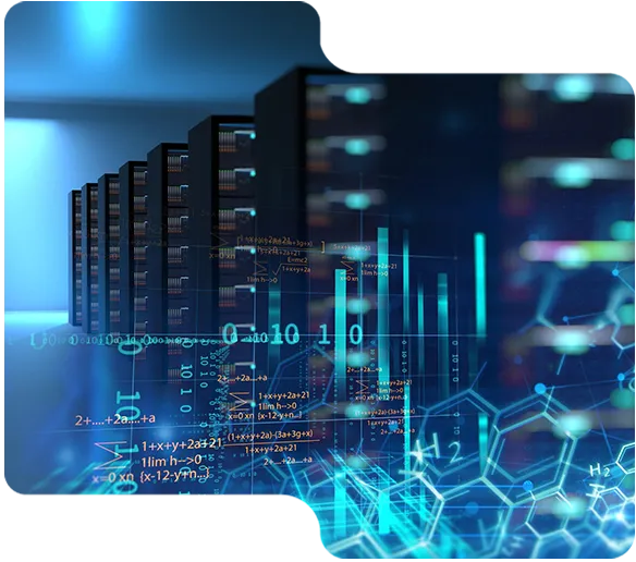 Rows of data servers with overlaid digital code, graphs, and molecular structures in blue tones.