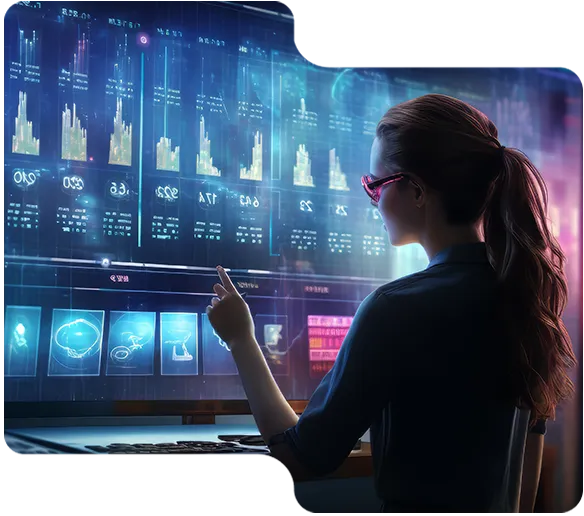 Woman with ponytail and glasses interacting with a futuristic digital screen showing data charts and graphs.