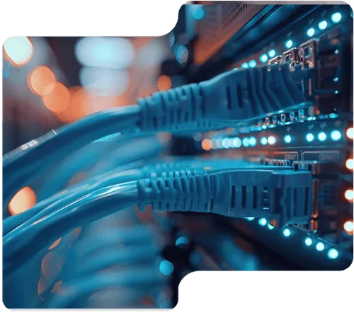 Close-up of multiple blue Ethernet cables plugged into a network switch with blue LED lights.