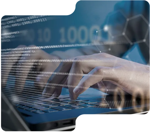 Hands typing on a laptop keyboard with overlaid programming code and digital data visuals.