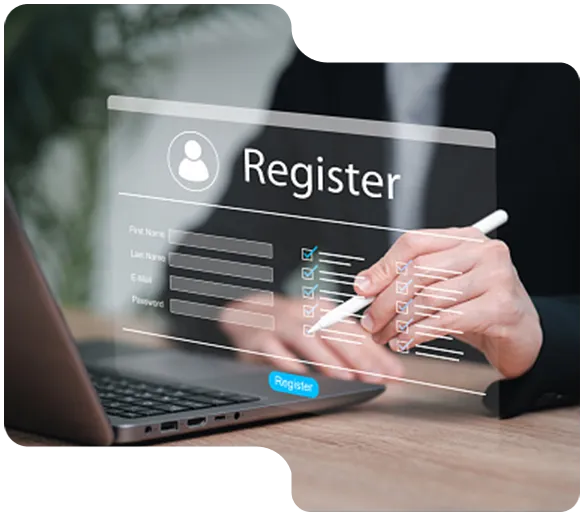 Person interacting with a transparent digital registration form on a laptop with a stylus.