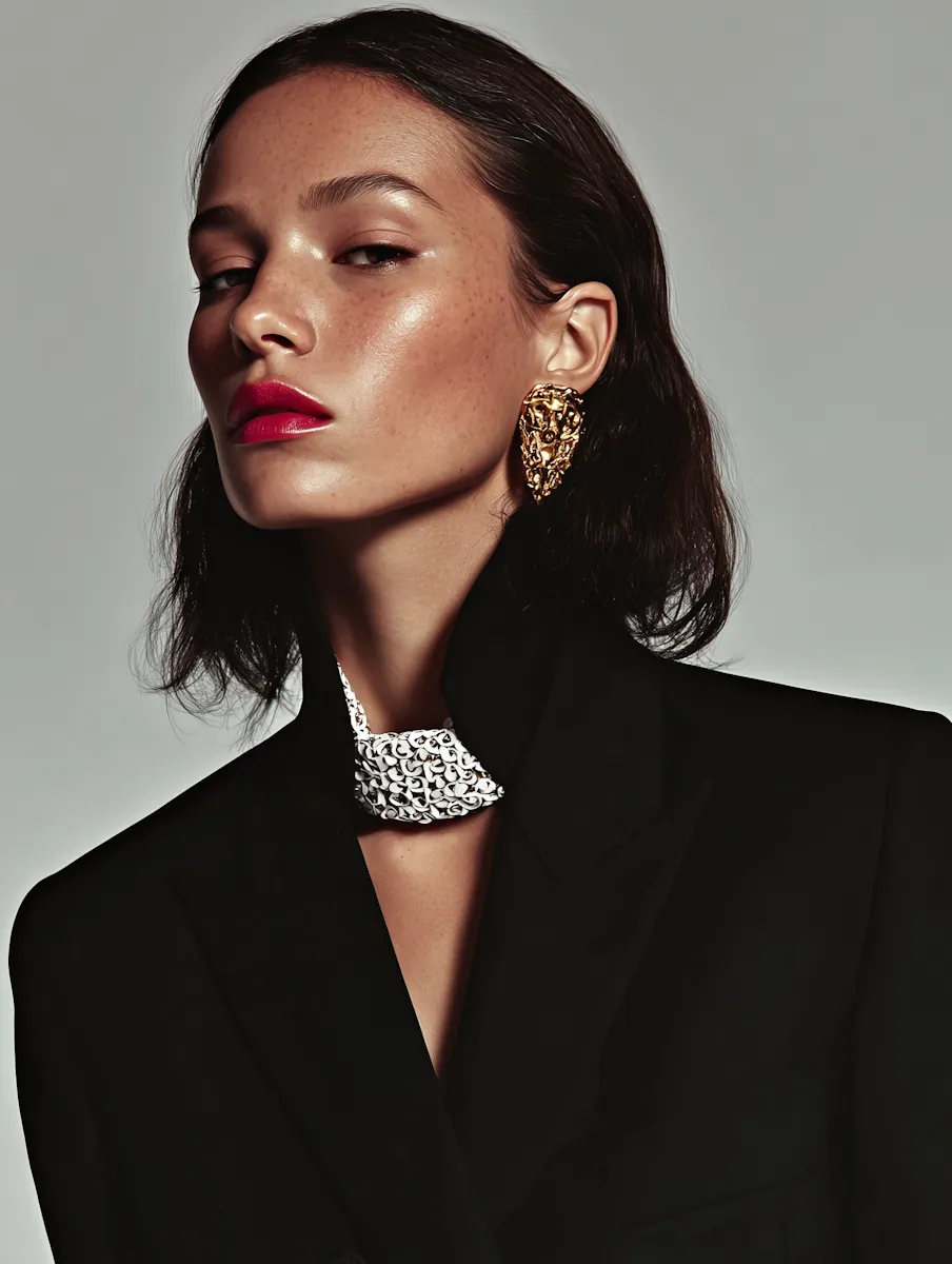 Woman with sleek dark hair wearing a black blazer, bold red lipstick, large ornate gold earrings, and a textured white necklace against a gray background.
