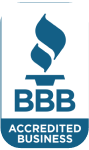 Better Business Bureau (BBB) Accredited Business logo with blue stylized torch above the BBB initials.