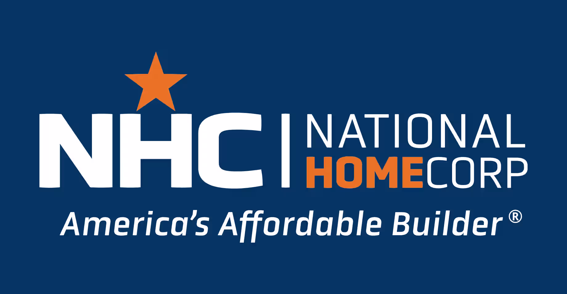Logo of National Home Corp with an orange star above the letter H and the slogan America's Affordable Builder.