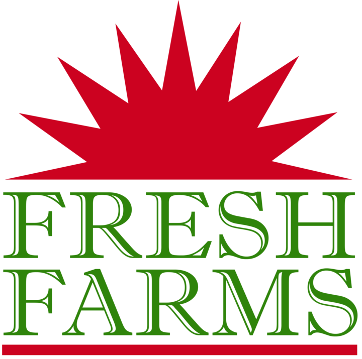 Logo with a red stylized sunburst above green text reading 'FRESH FARMS' and a red horizontal line below.