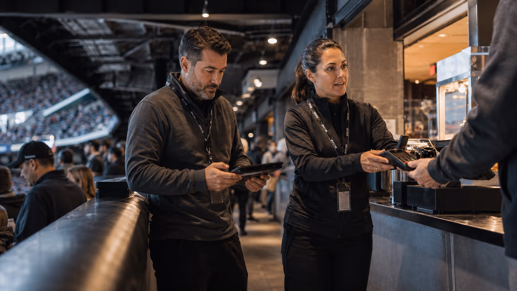 Two staff members in dark clothing using a tablet and a payment terminal at a concession stand in a crowded stadium.