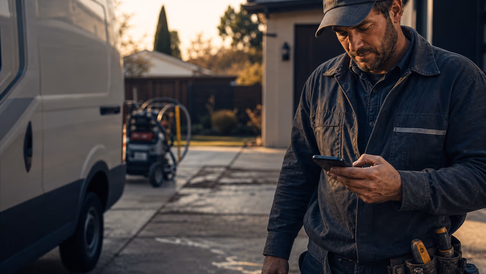 Construction worker in a dark jacket and cap looking at his smartphone outdoors near a white van and equipment.