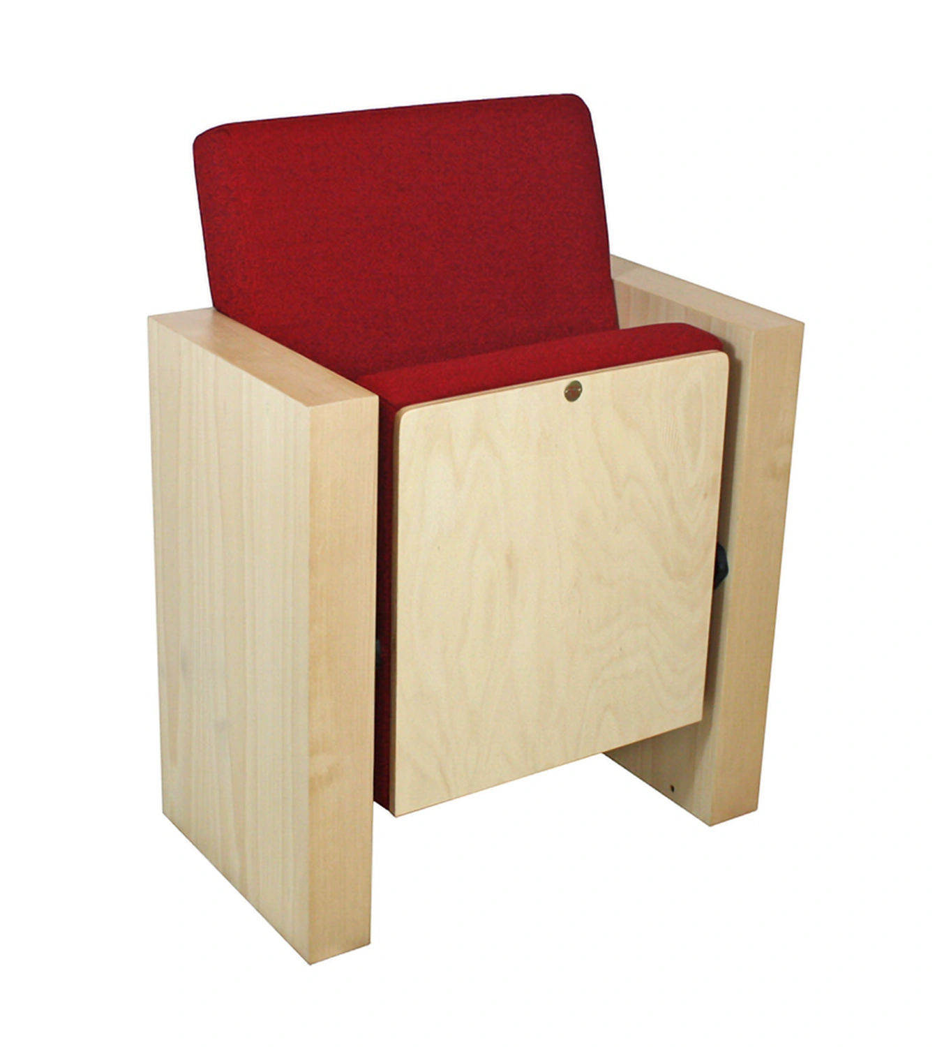 Theaterstuhl Modell Circo in der Frontansicht mit hochgeklapptem Sitz und Fokus auf die architektonische Klarheit.