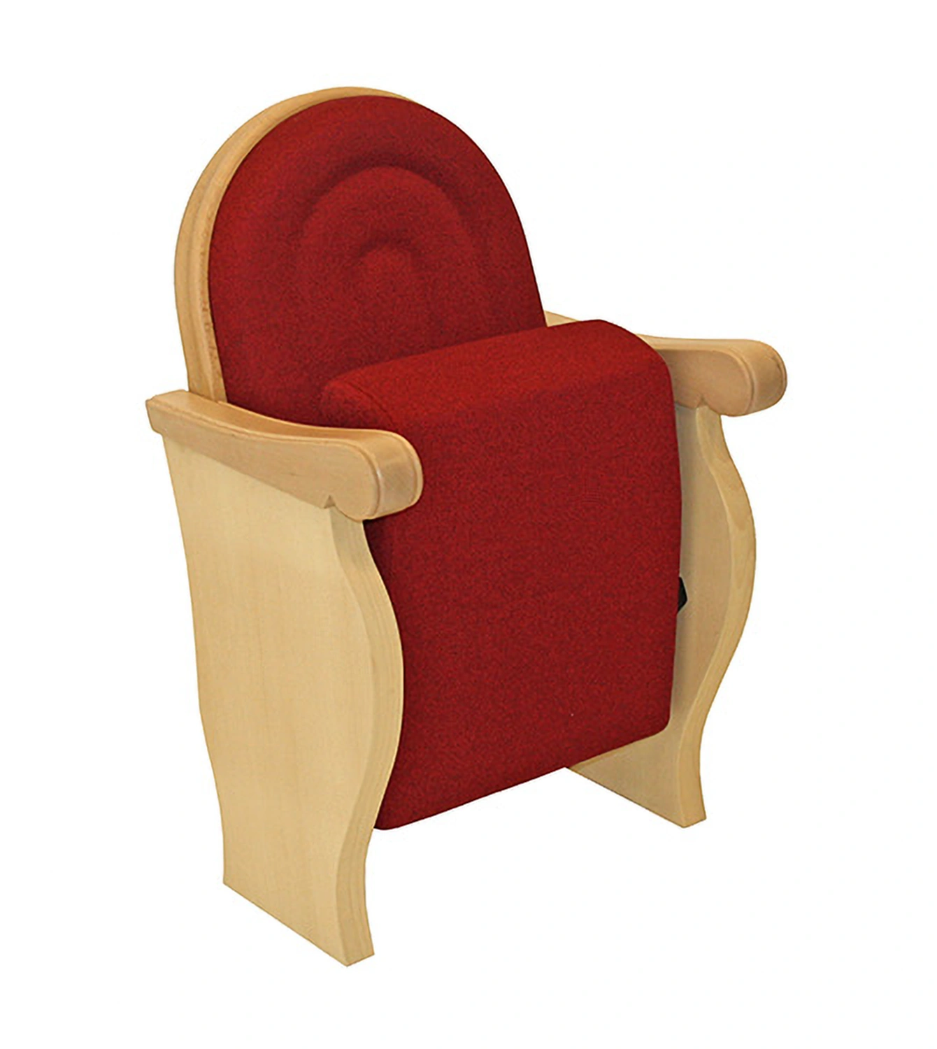 Theaterstuhl Modell Lorca in der Frontansicht mit hochgeklapptem Sitz und markanter Formensprache.