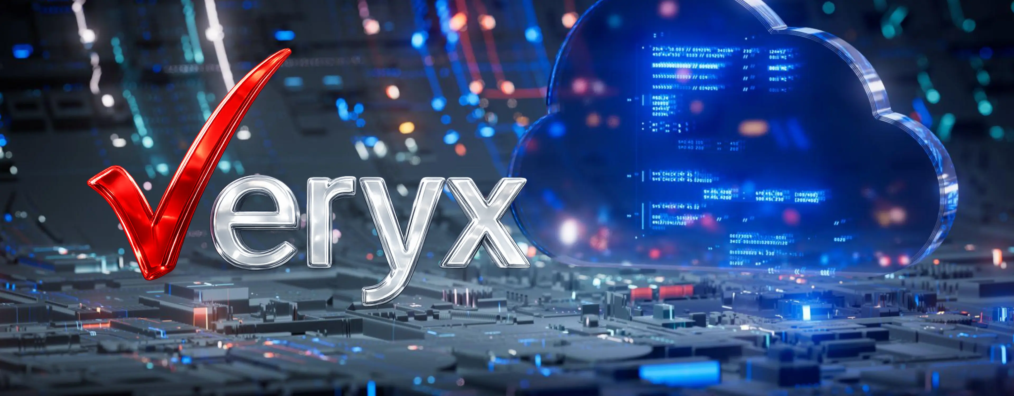 3D render of the word 'veryx' with a red check mark forming the 'v' and a blue cloud icon with digital data in the background.