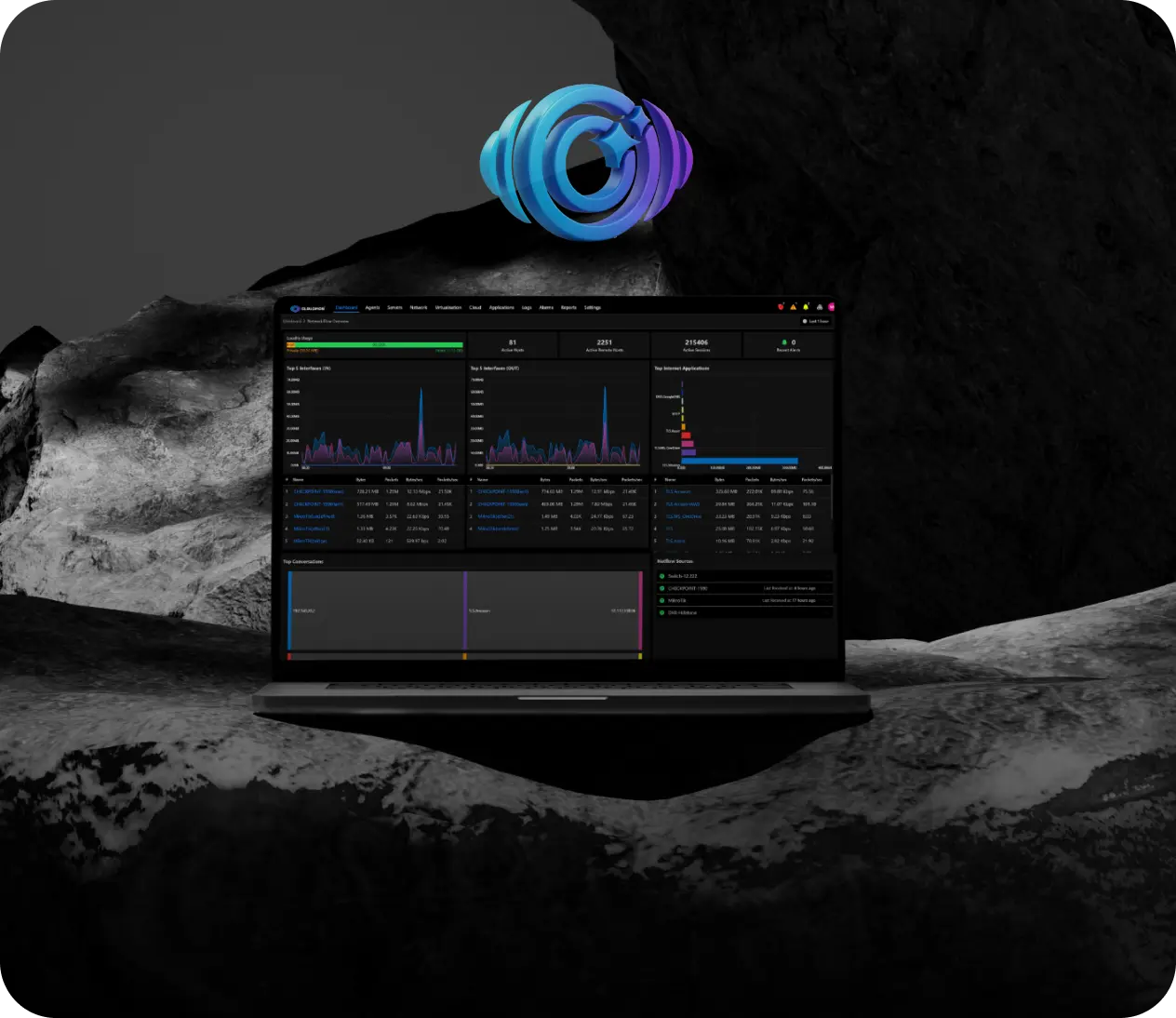 Laptop displaying a dark-themed network monitoring dashboard with graphs and tables showing network traffic and active sessions, set against a rocky cave background with a blue and purple 3D circular arrow logo above.