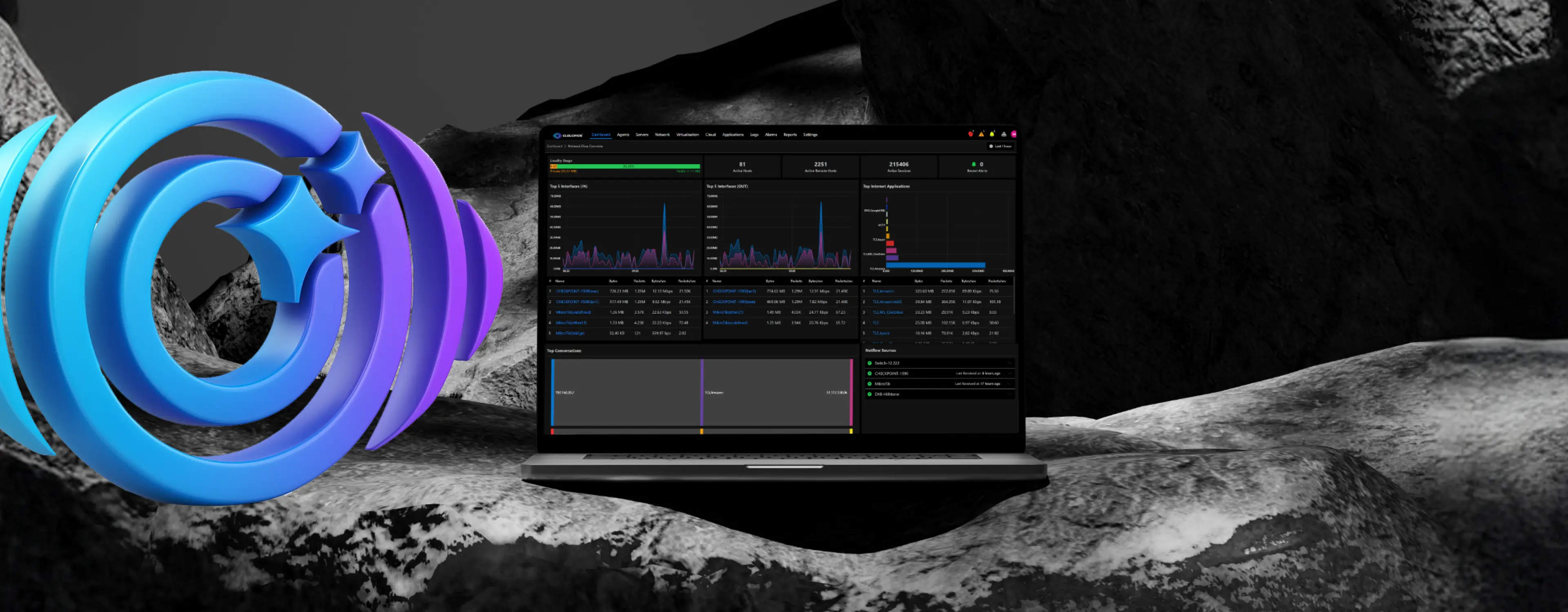 Laptop displaying a dark mode network monitoring dashboard with graphs and statistics, next to a blue and purple 3D abstract logo on rocky terrain.