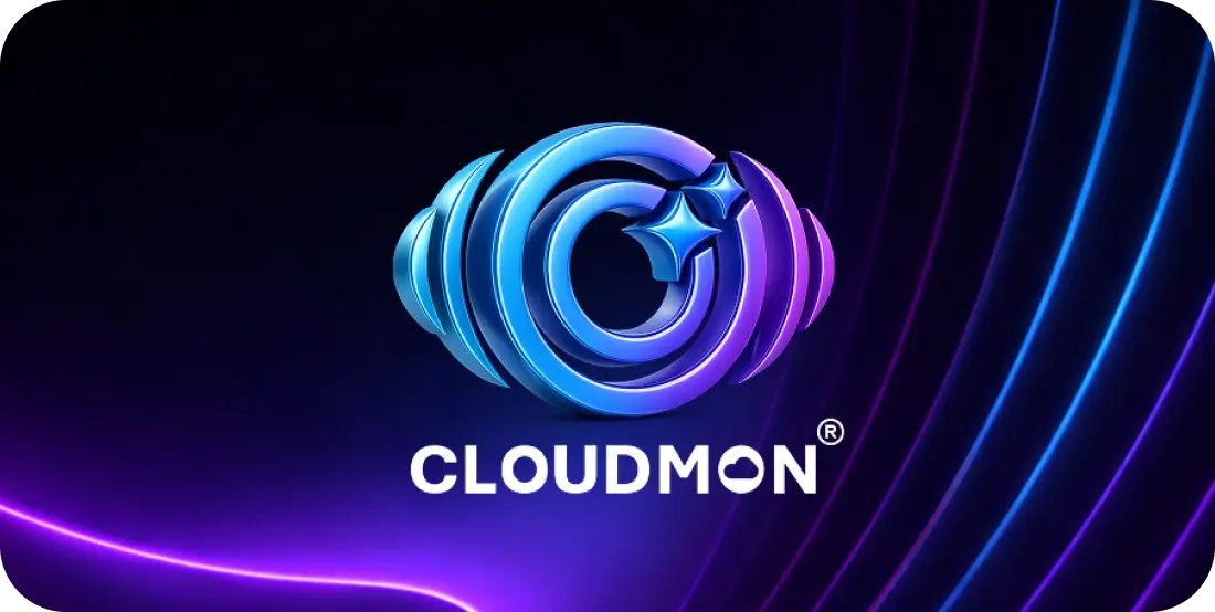 Cloudmon logo with stylized blue and purple concentric circles and two stars on a dark abstract background with purple and blue light streaks.
