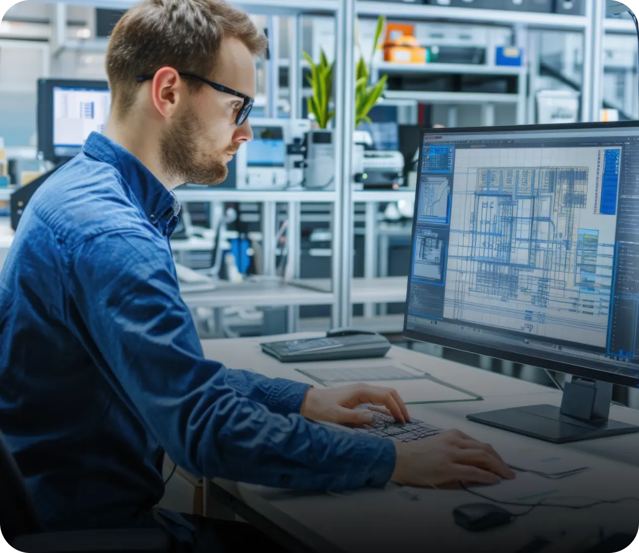 Man wearing glasses working on a computer with architectural or engineering blueprints on screen in a modern office.