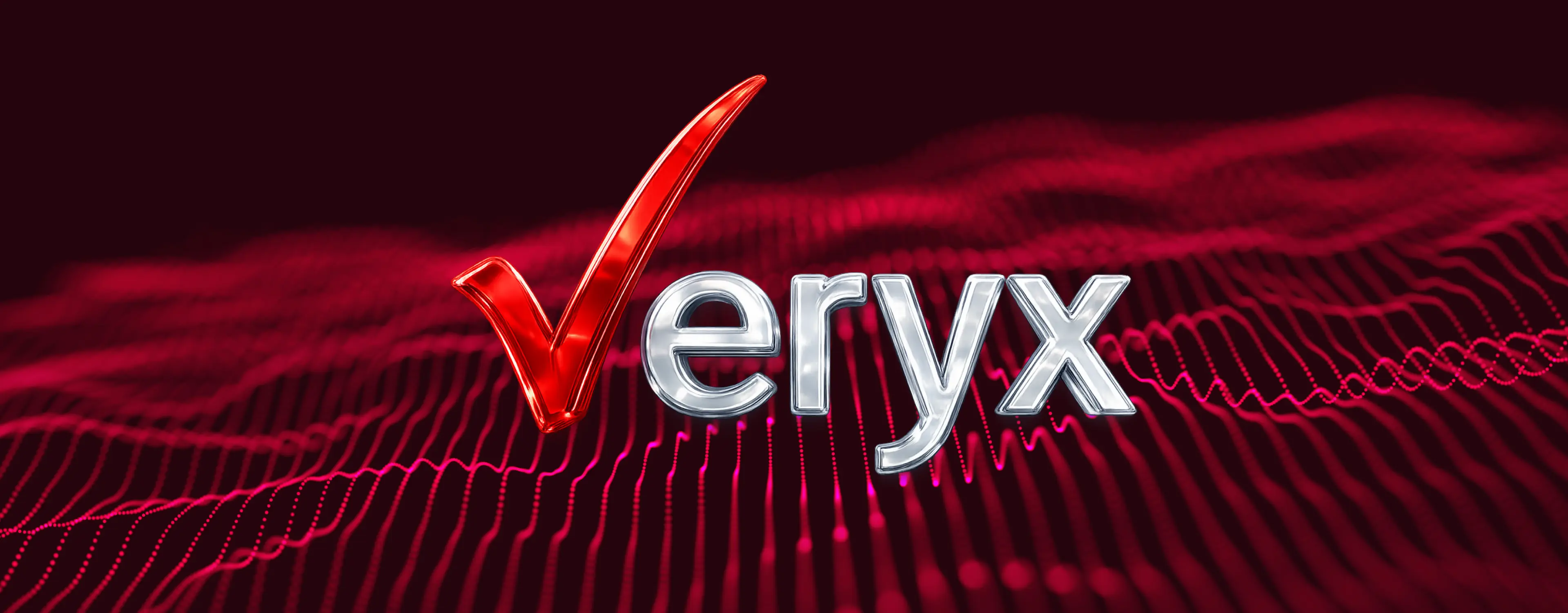 3D text 'Veryx' with a red check mark on dark background with red wave pattern.