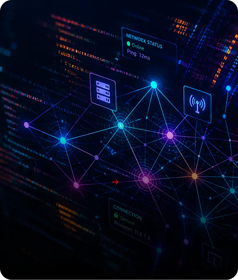 Abstract digital network visualization with connecting nodes, icons for server and signal, and status indicators for network and secure connection.