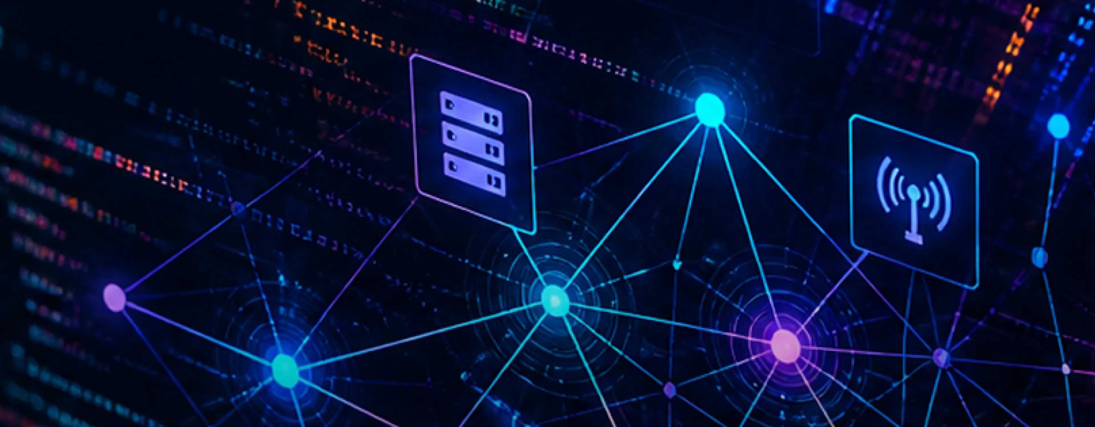 Digital network with interconnected blue and purple nodes, including icons representing servers and wireless signal.