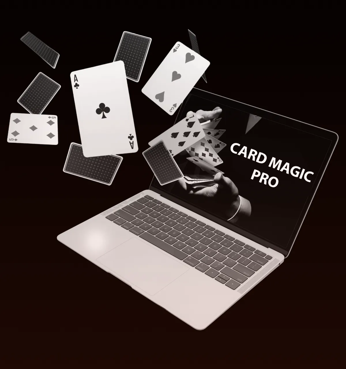 Laptop with playing cards flying out of the screen and the text 'CARD MAGIC PRO' displayed.