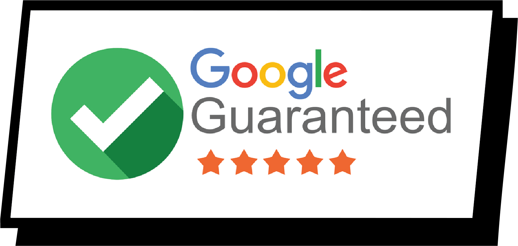 Google Guaranteed badge with a green checkmark circle and five orange stars beneath the text.