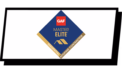 GAF Certified Master Elite Roofing Contractor logo with roof graphic in blue, red, and white.