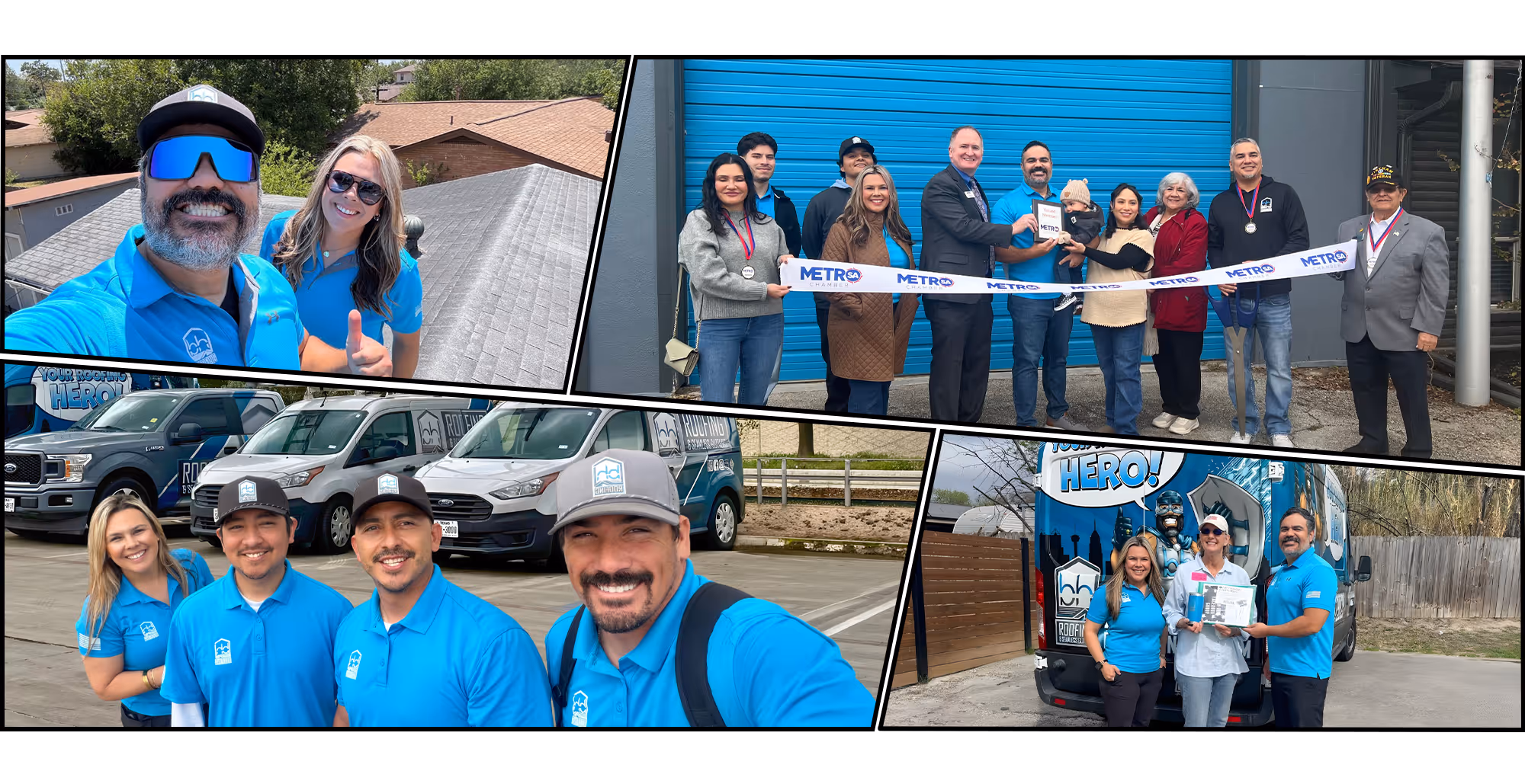 Collage of roofing company team members on a roof, posing with company vans, participating in a ribbon-cutting ceremony, and presenting an award.
